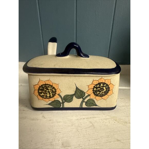 Veracruz Mexican Pottery Lidded Sugar Mustard Jam Spoon HandPainted Sunflowers - Picture 7 of 9